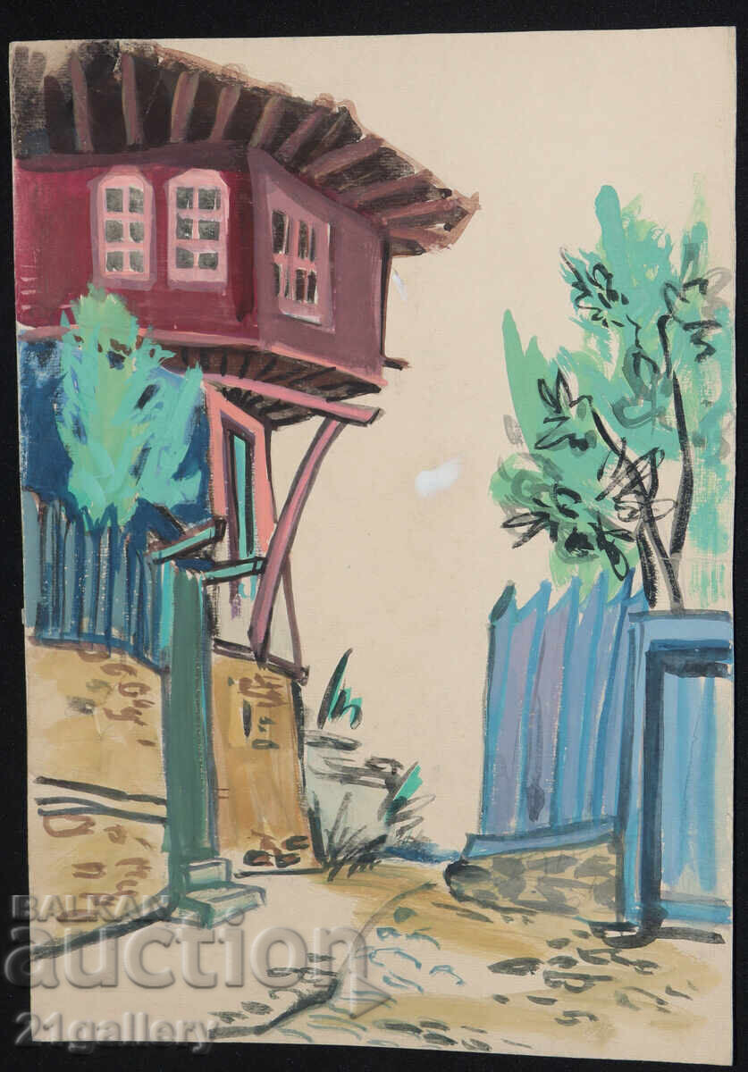 Old painting, tempera paints, Revival house, street with price 300.00 BGN | € 153.39