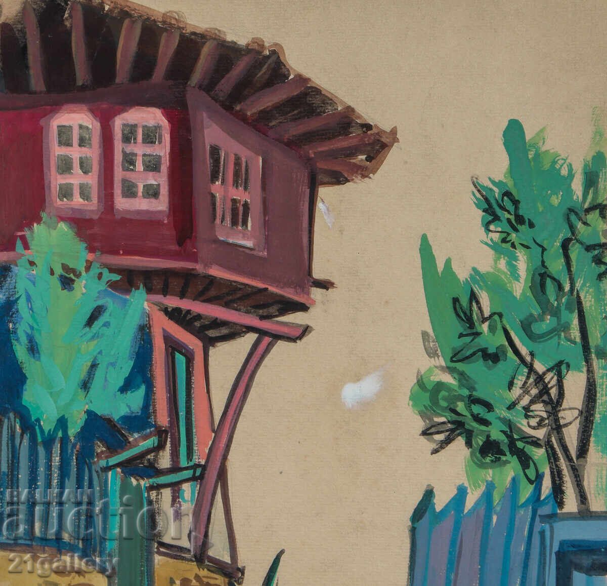 Delivery of Old painting, tempera paints, Revival house, street