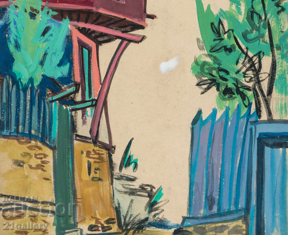 Old painting, tempera paints, Revival house, street - 5