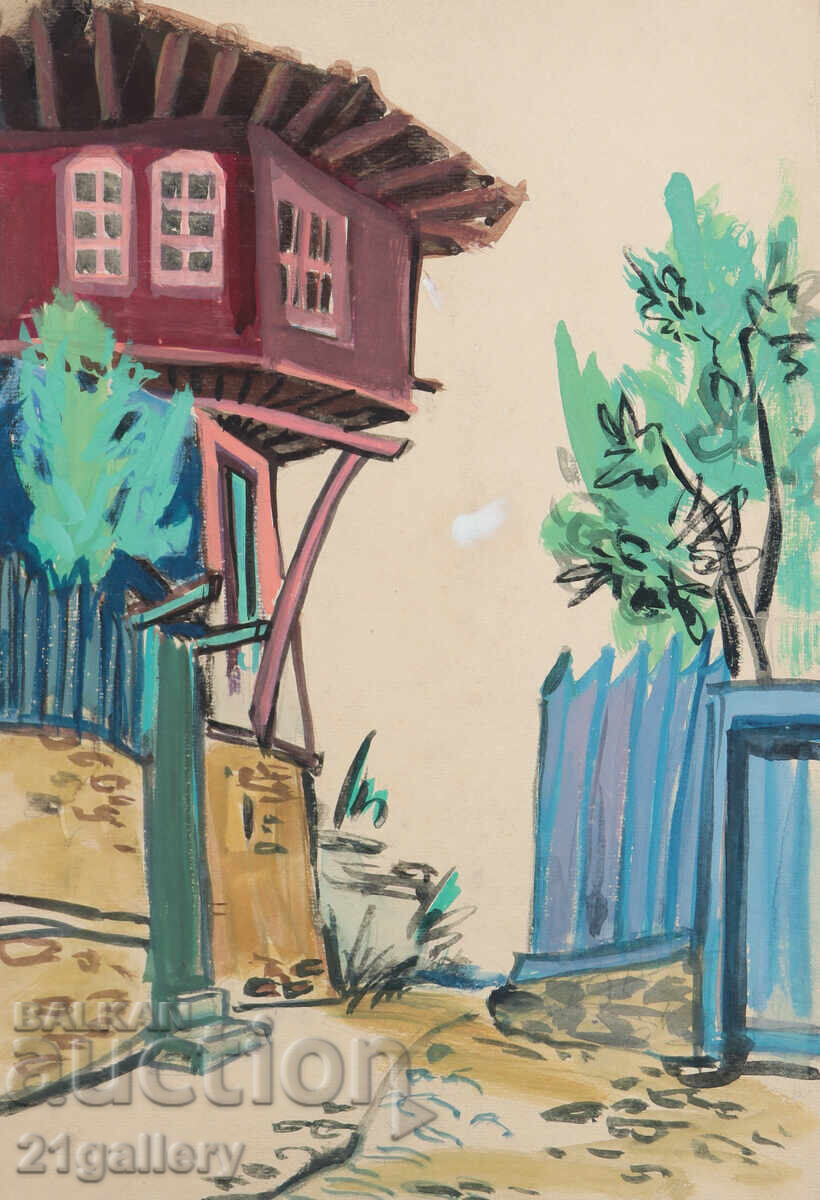 Old painting, tempera paints, Revival house, street