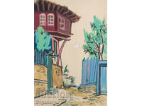 Old painting, tempera paints, Revival house, street