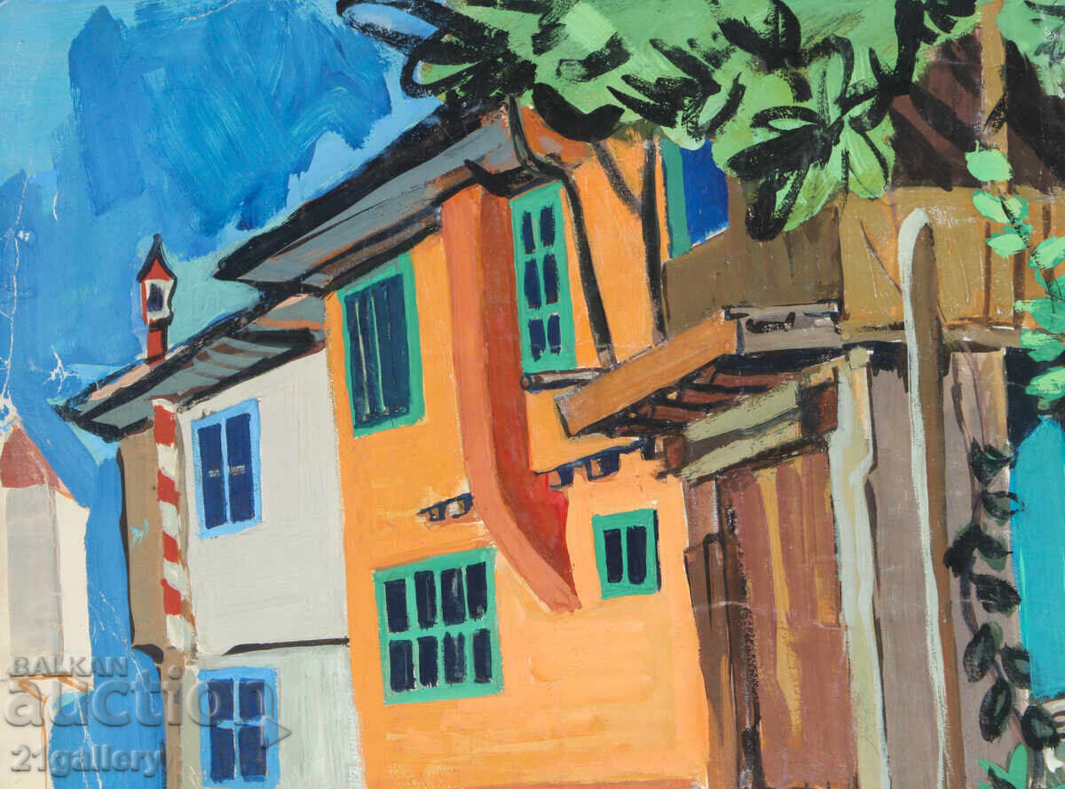 Delivery of Old painting, tempera paints, Revival house, street Delivery of Old painting, tempera paints, Revival house, street