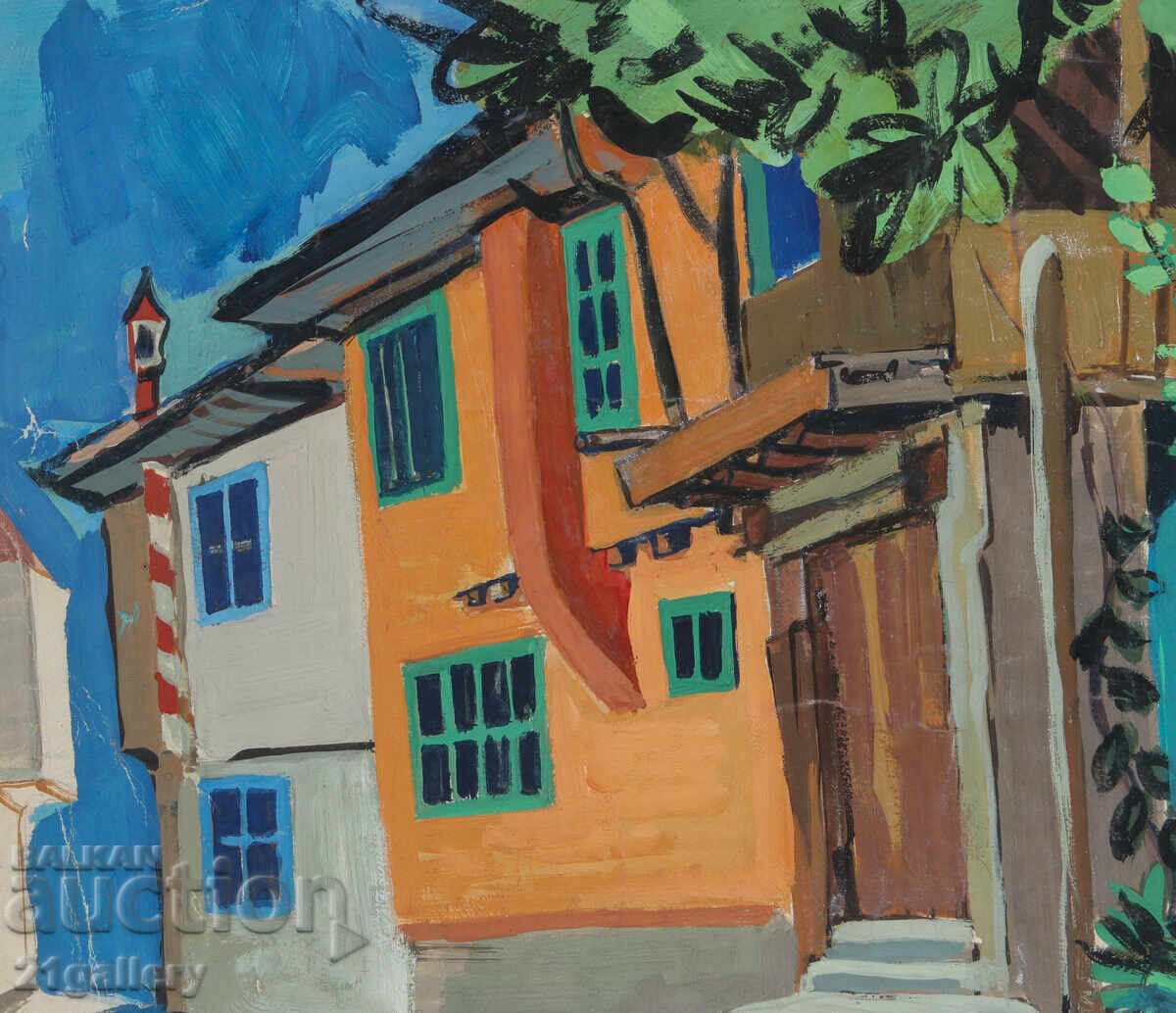 Old painting, tempera paints, Revival house, street - 5 Old painting, tempera paints, Revival house, street - 5