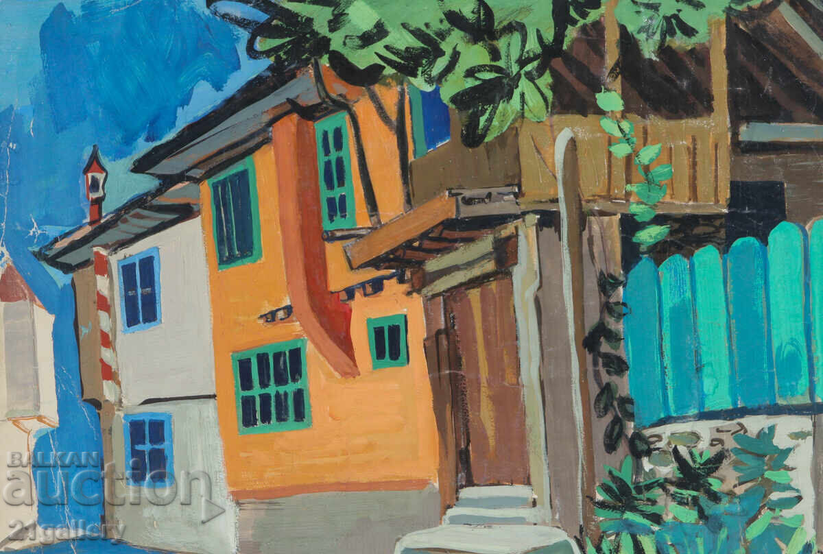 Old painting, tempera paints, Revival house, street Old painting, tempera paints, Revival house, street