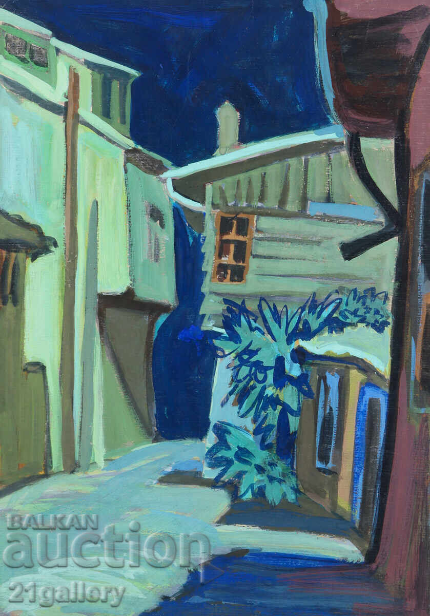 Auction Old painting, tempera paints, Revival house, street Auction Old painting, tempera paints, Revival house, street