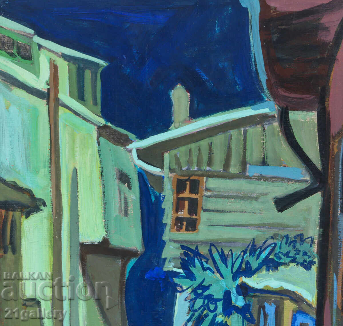 Delivery of Old painting, tempera paints, Revival house, street Delivery of Old painting, tempera paints, Revival house, street