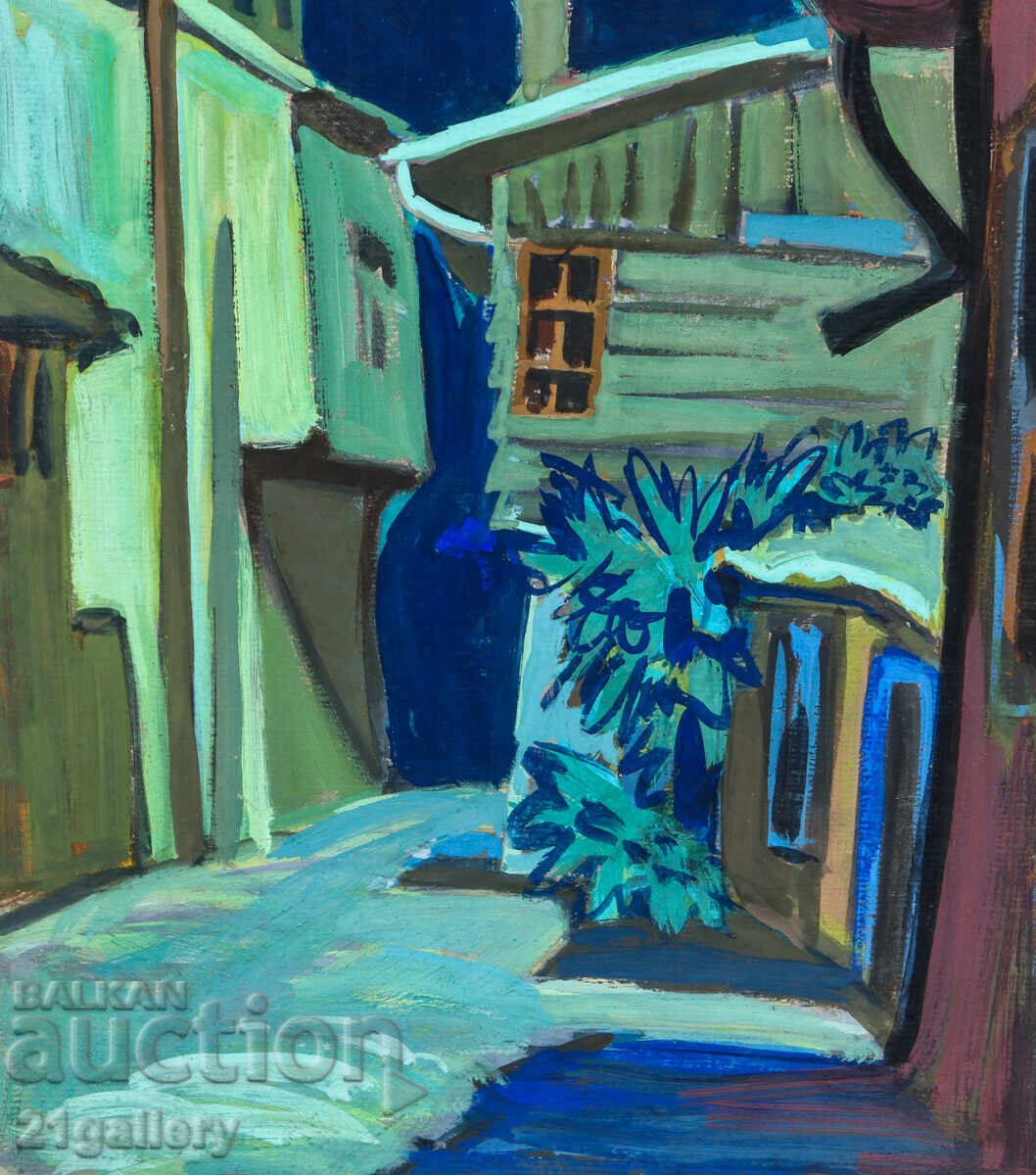 Old painting, tempera paints, Revival house, street - 5 Old painting, tempera paints, Revival house, street - 5