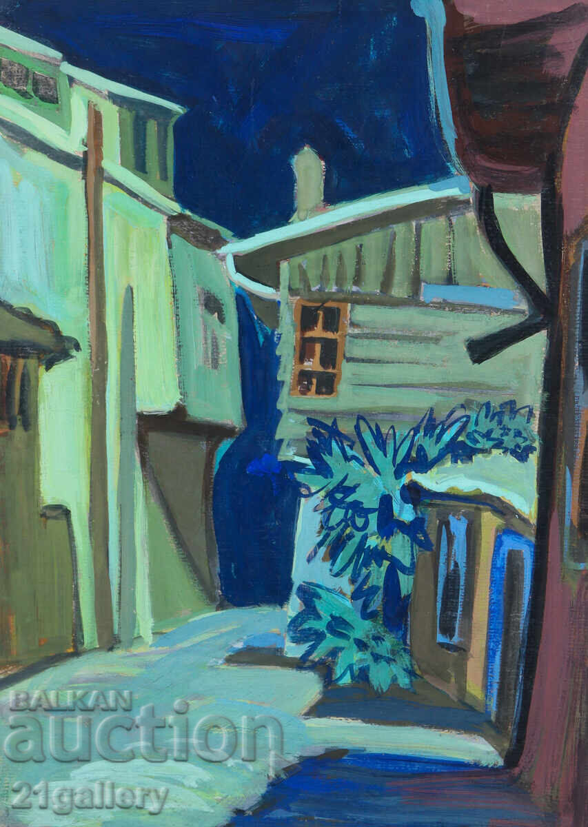 Old painting, tempera paints, Revival house, street Old painting, tempera paints, Revival house, street