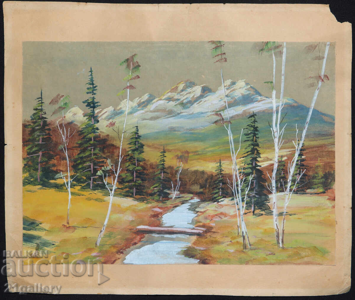 Old gouache painting, spring mountain landscape with price 350.00 BGN | € 178.95