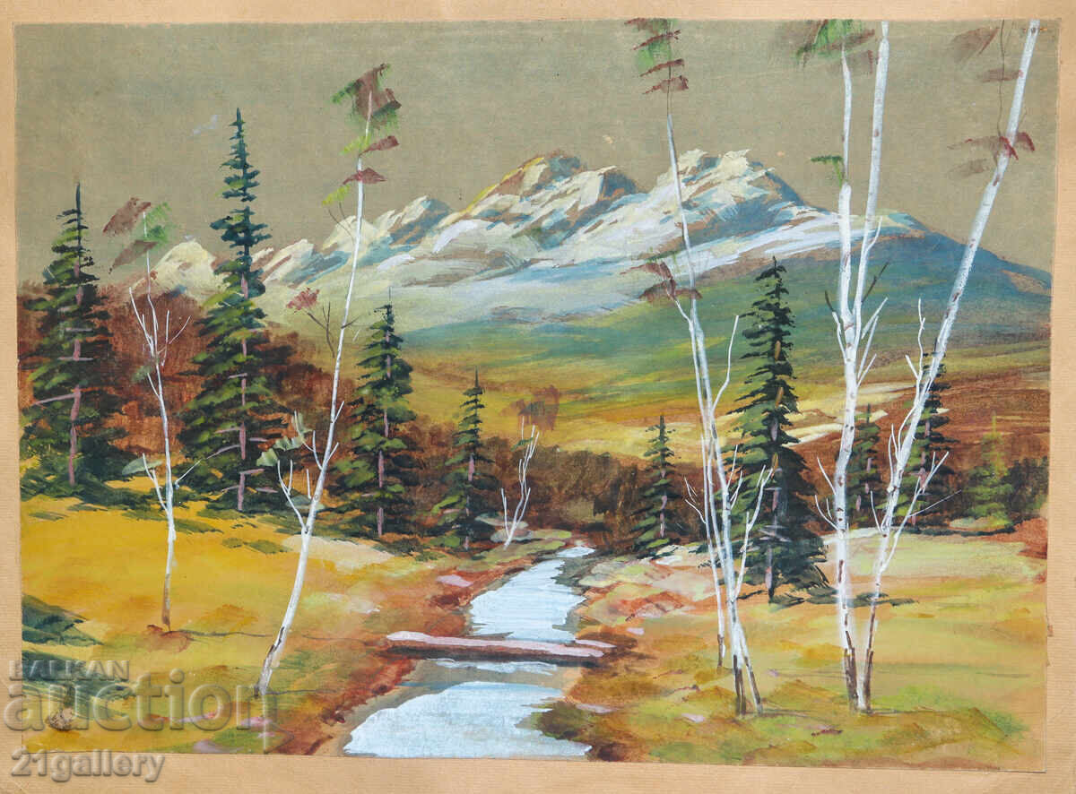 Auction  Old gouache painting, spring mountain landscape