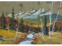 Old gouache painting, spring mountain landscape