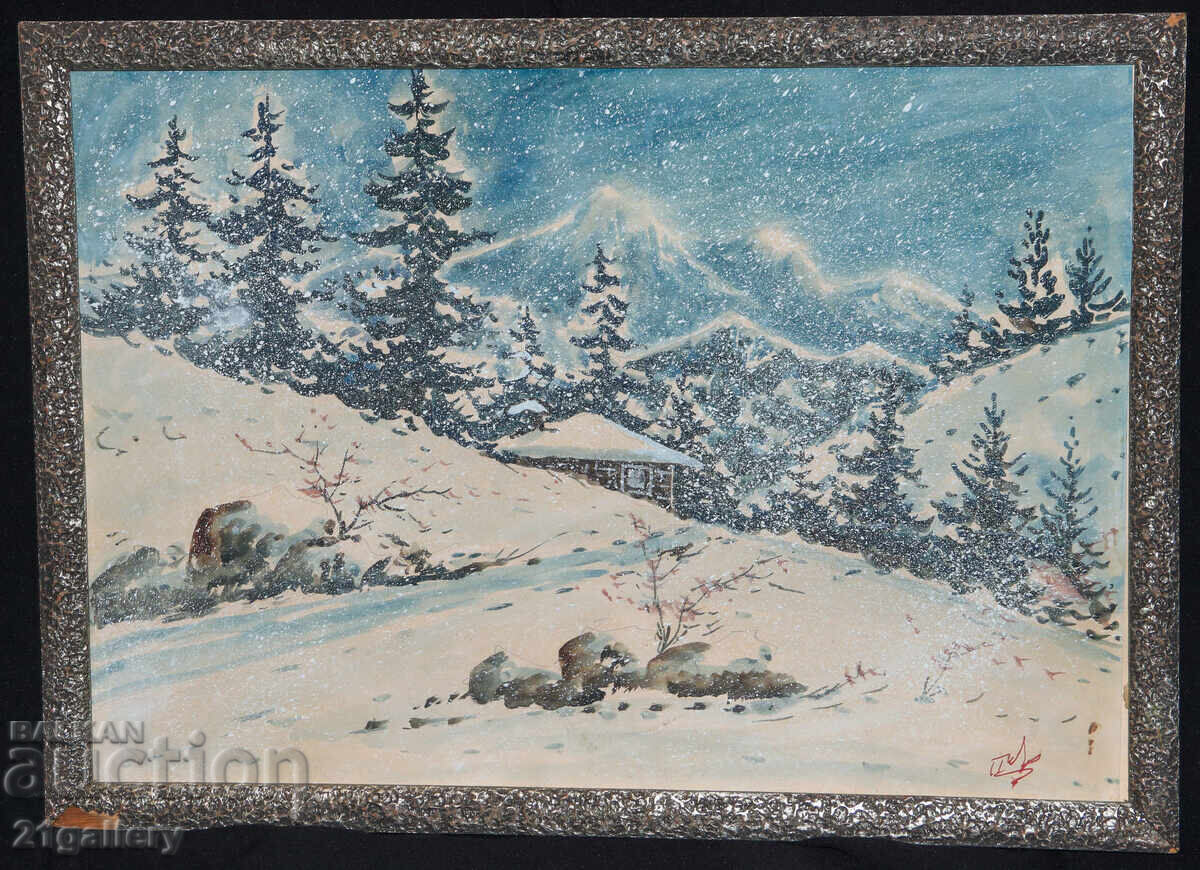 Стара картина гваш зимен планински пейзаж с цена 480.00 лв. | € 245.42