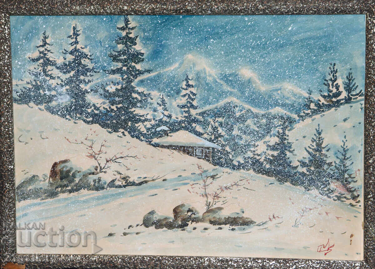 Аукцион Стара картина гваш зимен планински пейзаж