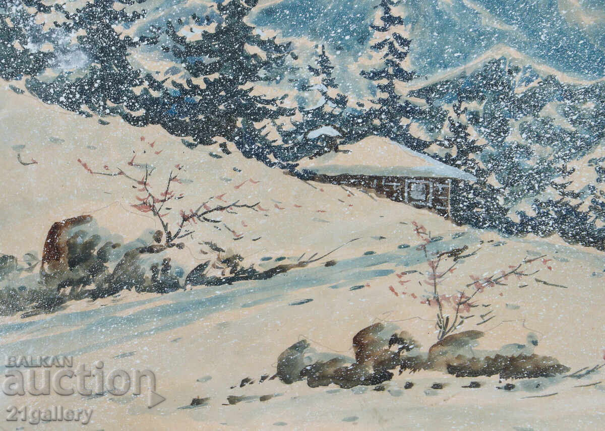Стара картина гваш зимен планински пейзаж - 5