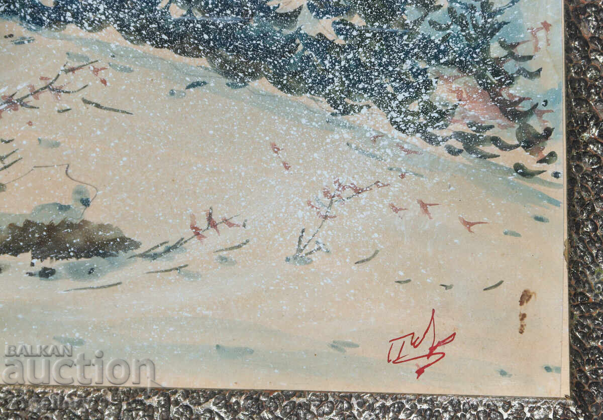Стара картина гваш зимен планински пейзаж - 6