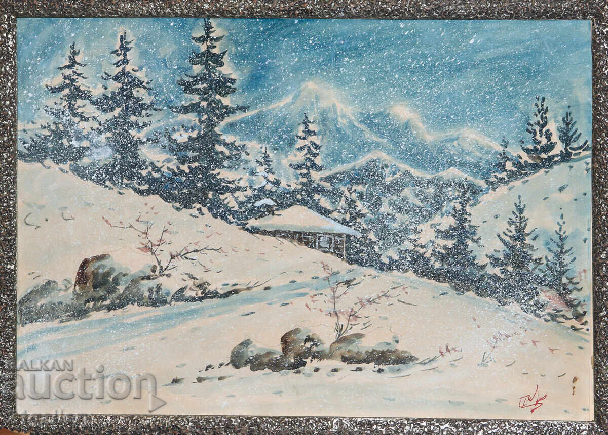 Стара картина гваш зимен планински пейзаж