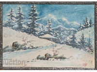Old gouache painting, winter mountain landscape