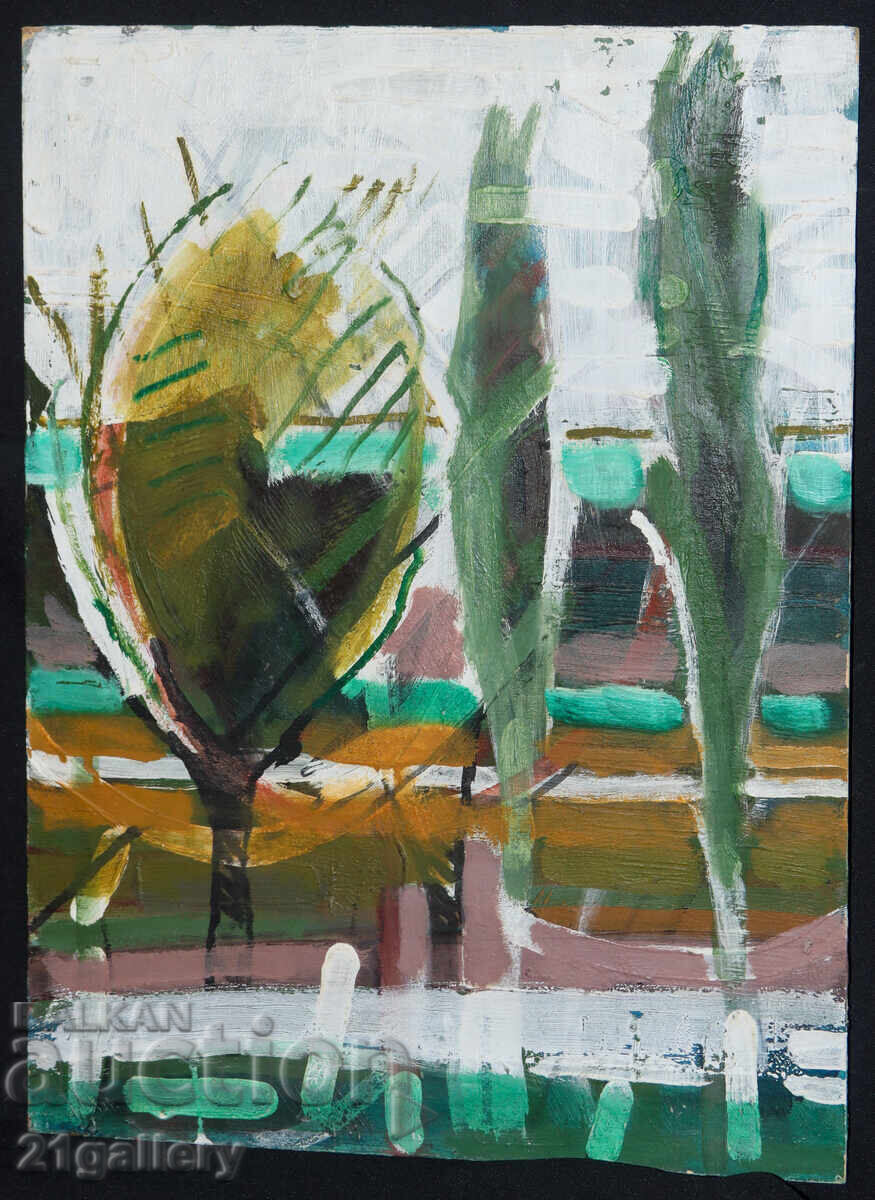 Panayot Apostolov ulei pe pânză peisaj abstract 1985 cu preț 300.00 BGN | € 153.39 Panayot Apostolov ulei pe pânză peisaj abstract 1985 cu preț 300.00 BGN | € 153.39