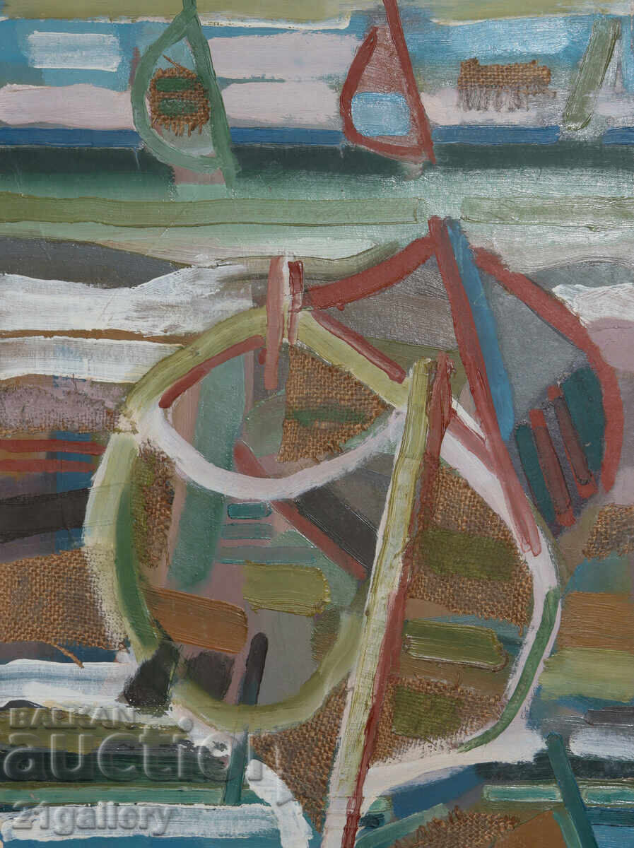 Auction  Panayot Apostolov Oil Paints Abstract Landscape Boats