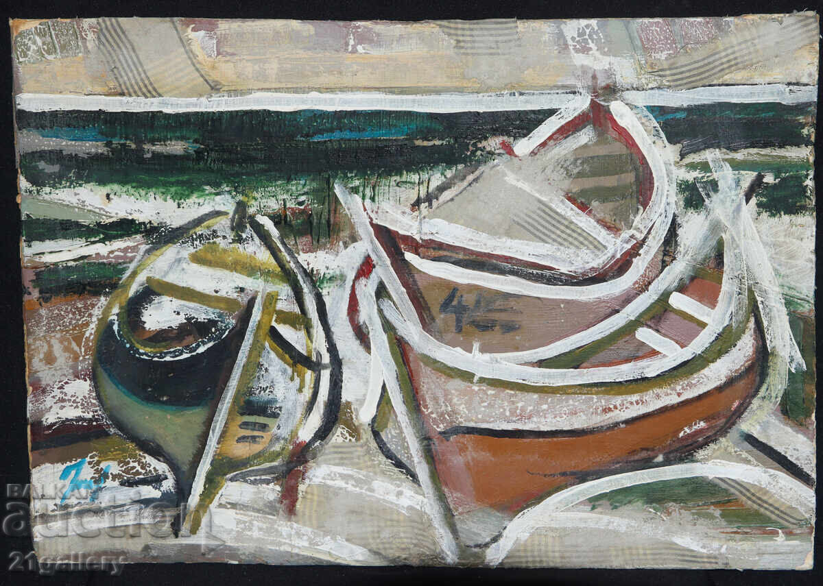 Panayot Apostolov Oil Paints Abstract Landscape Boats with price 300.00 BGN | € 153.39