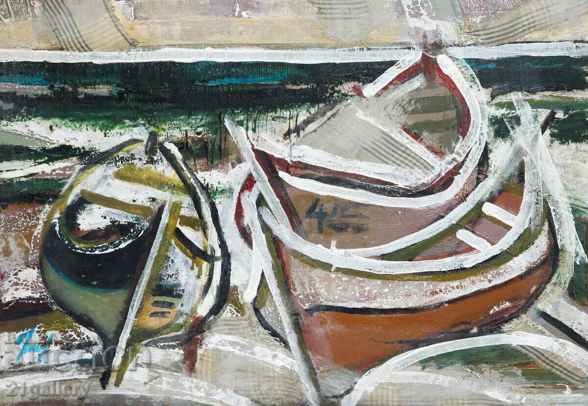 Auction  Panayot Apostolov Oil Paints Abstract Landscape Boats