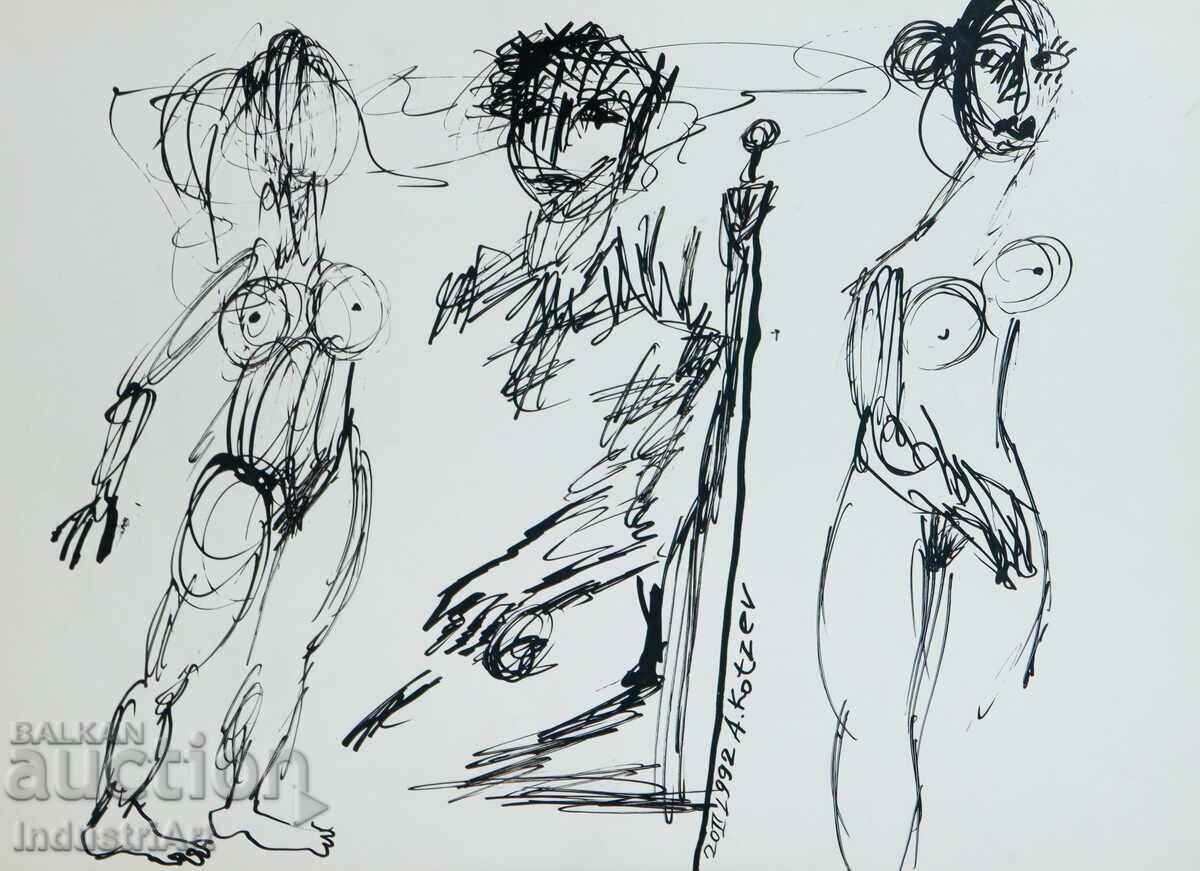 Auction  1992 Modern Art Ink Abstract Composition Nude Bodies