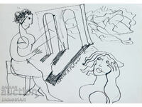 1992g. Artă modernă tuș compoziție abstractă corpuri goale