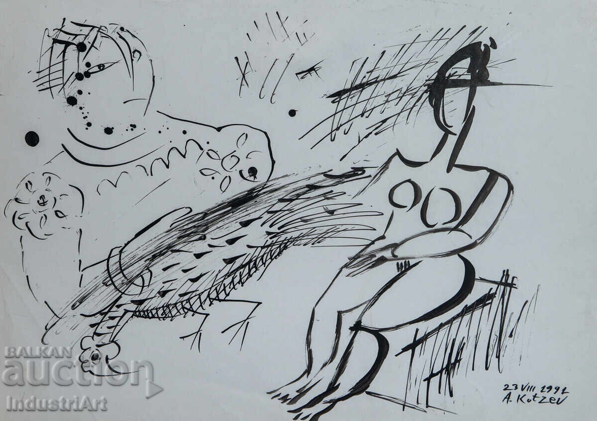 1992г. Модерно изкуство туш абстрактна композиция портрет с цена 100.00 лв. | € 51.13