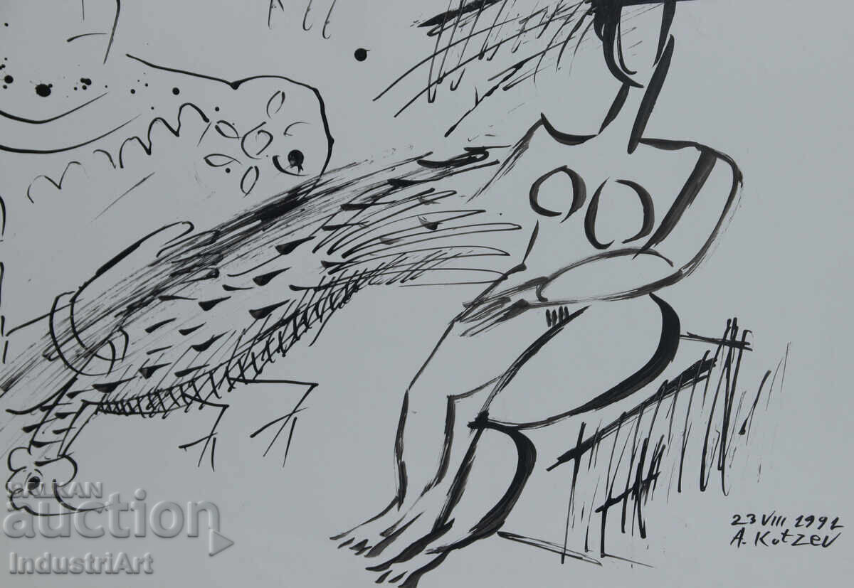 1992г. Модерно изкуство туш абстрактна композиция портрет - 5