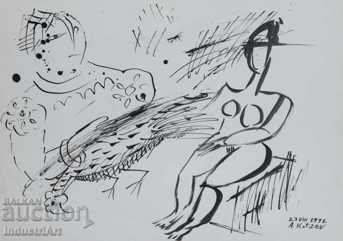 1992г. Модерно изкуство туш абстрактна композиция портрет