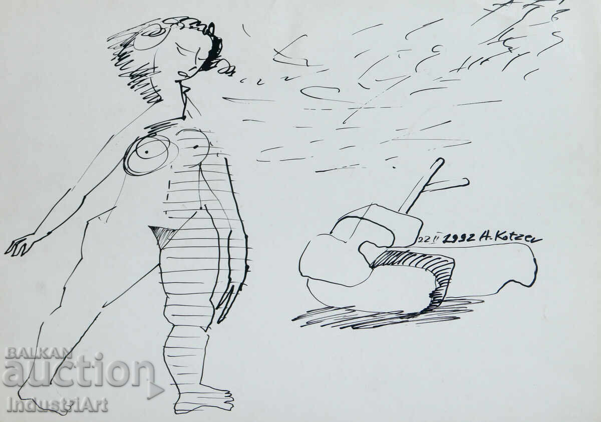 1992 g. Σύγχρονη τέχνη μελάνι αφηρημένη σύνθεση γυμνό σώμα