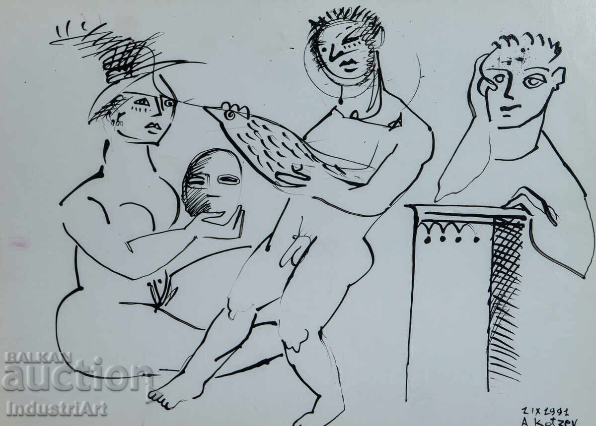 Auction  Modern art ink abstract composition nude bodies