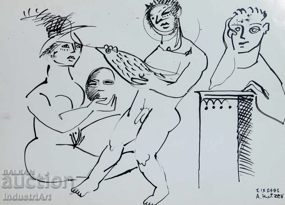 Modern art ink abstract composition nude bodies