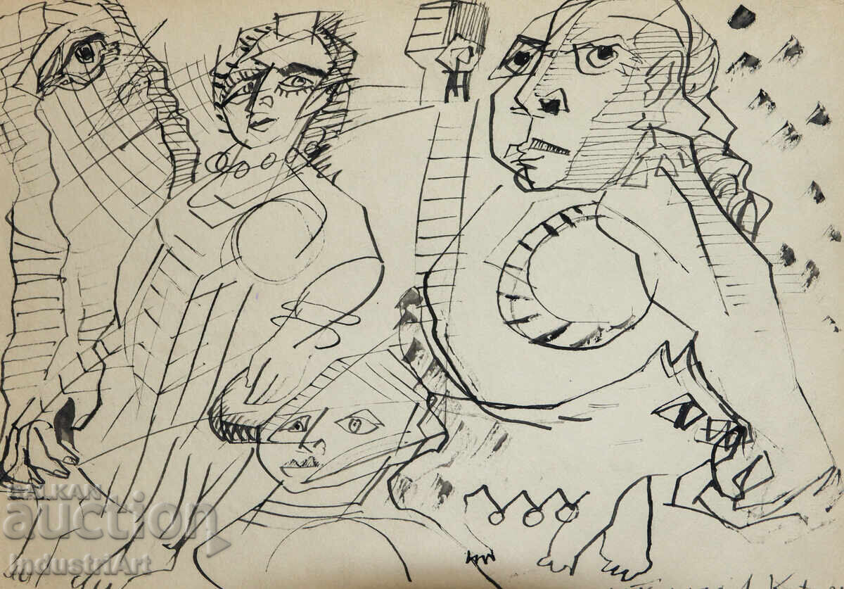 Аукцион Съвременно изкуство туш абстрактен портрет 1994г.