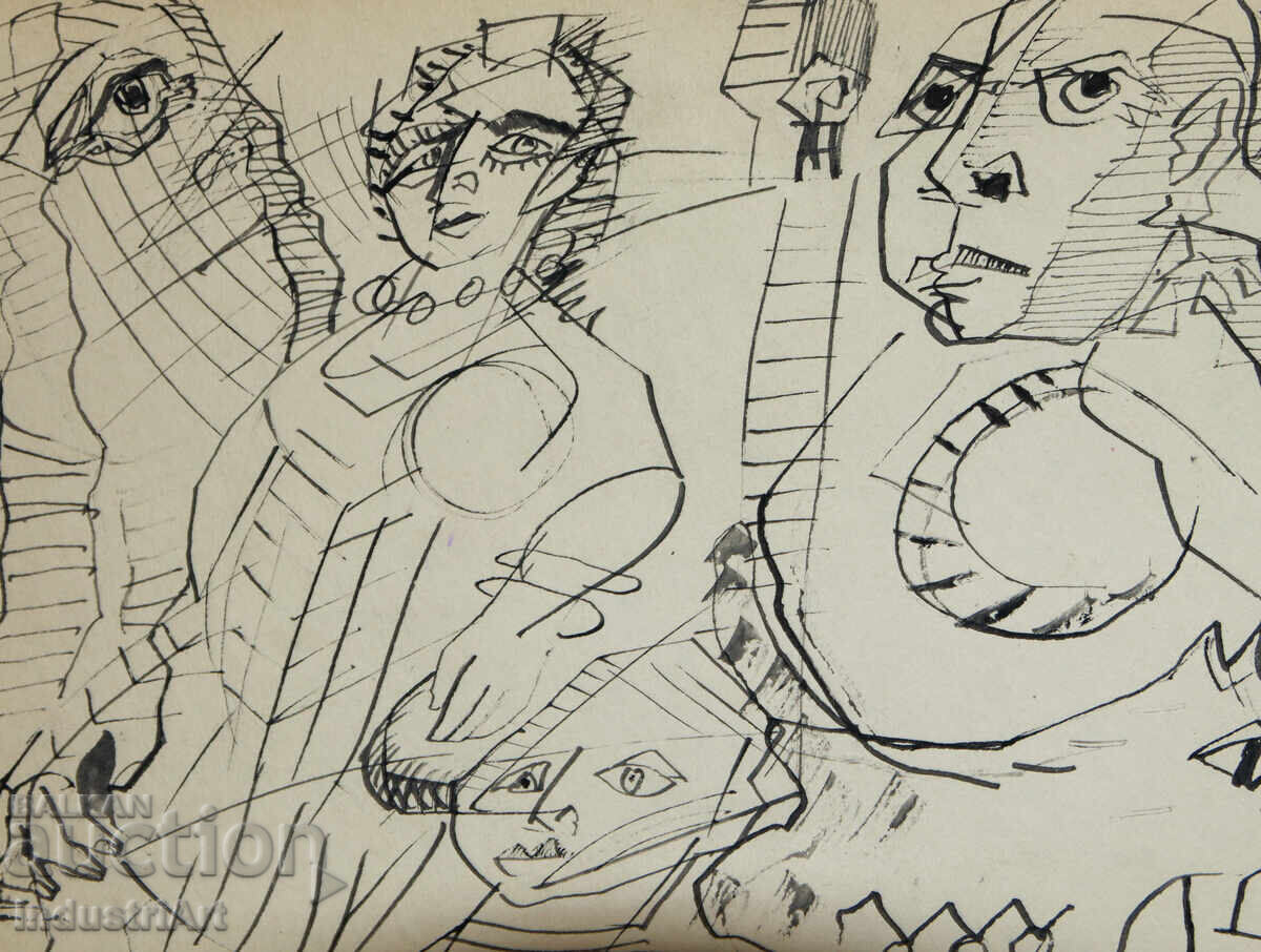 Доставка на Съвременно изкуство туш абстрактен портрет 1994г.