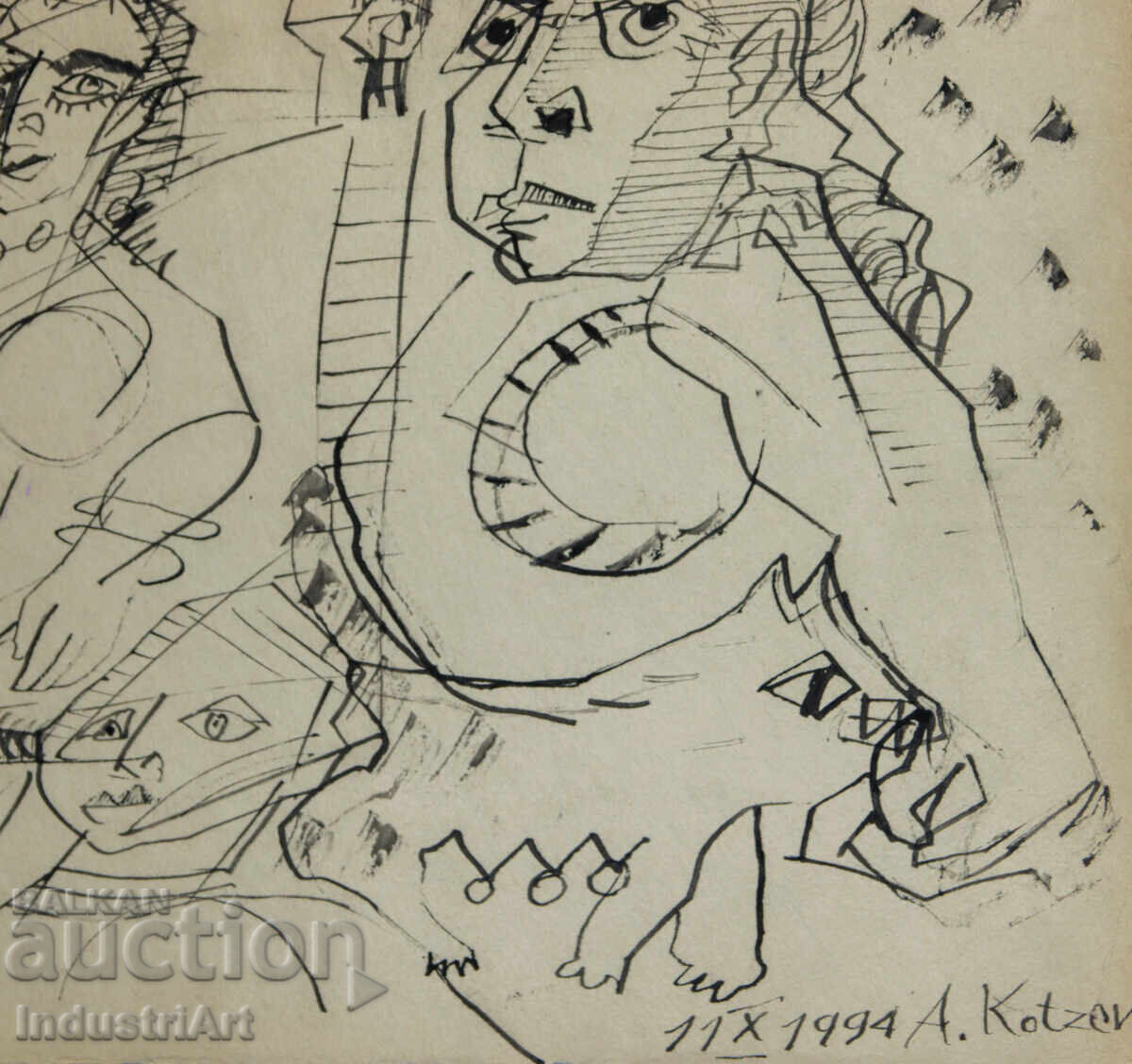 Съвременно изкуство туш абстрактен портрет 1994г. - 5