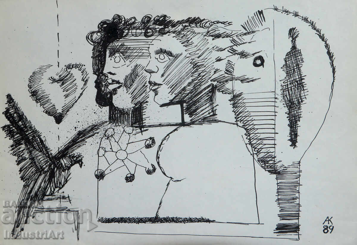 Contemporary Art Ink Abstract Portrait 1989