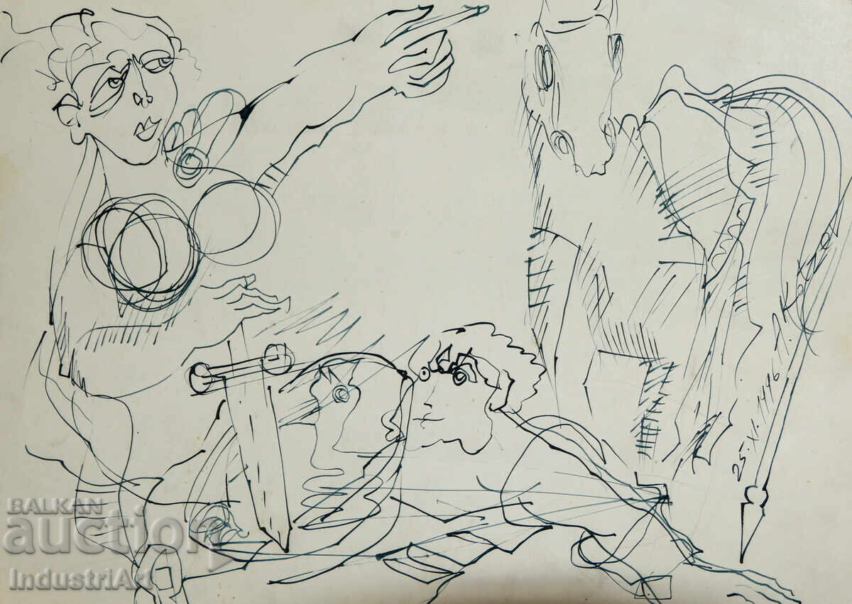 Auction  Contemporary art ink abstract portrait 1996