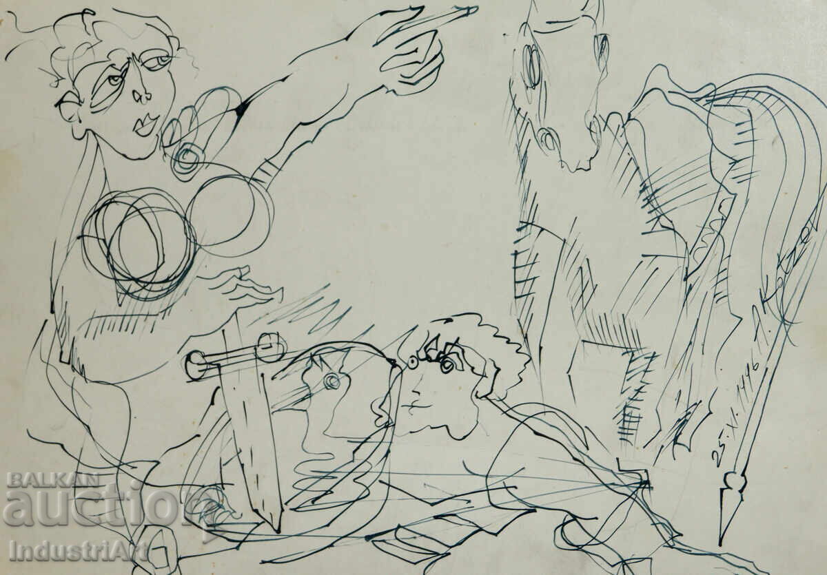 Contemporary art ink abstract portrait 1996