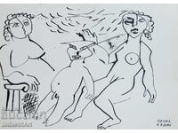 Artă contemporană tuș compoziție abstractă corpuri 1991