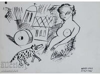 Artă contemporană tuș compoziție abstractă 1991