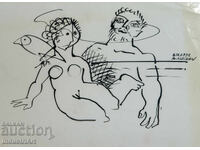 Artă abstractă compoziție figurativă cu tuș 1991
