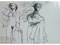 Artă abstractă compoziție figurativă cu tuș 1992