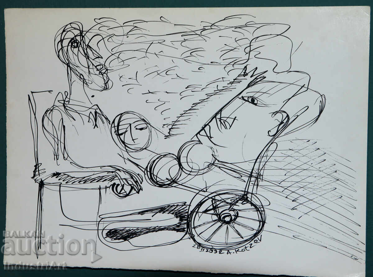 Auction  Abstract art ink figurative composition 1992