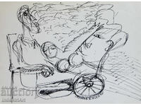 Artă abstractă compoziție figurativă cu tuș 1992