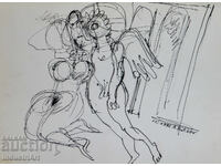 1992g. Artă abstractă compoziție figurativă cu tuș