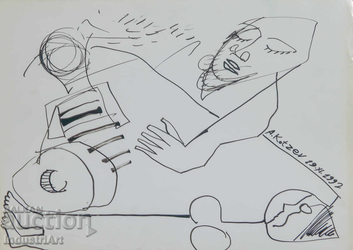 1992 g. Αφηρημένη τέχνη, σύνθεση με μελάνι και μορφές