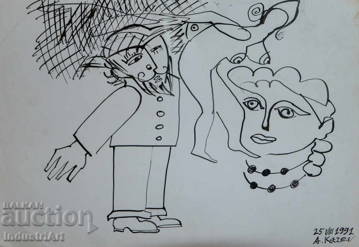 Auction  Ink drawing abstract figurative composition 1991