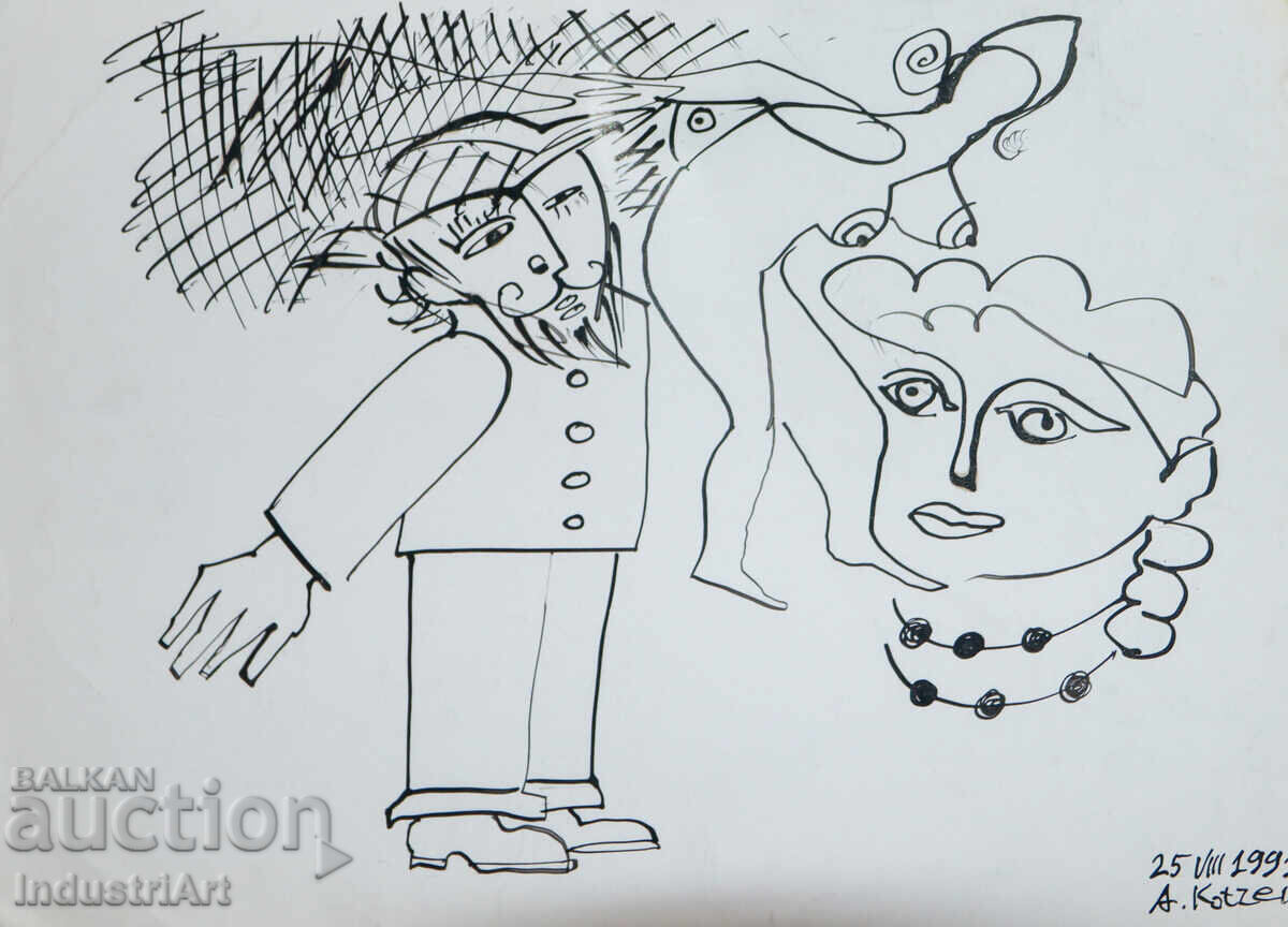 Ink drawing abstract figurative composition 1991