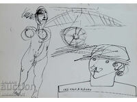 Ink drawing abstract figurative composition 1992